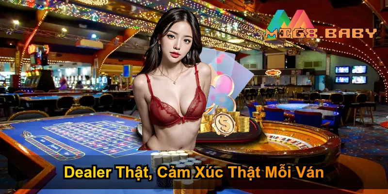 Casino MIG8 – Sân Chơi Cá Cược Đỉnh Cao Tại 99Win 2 Dealer nữ xinh đẹp đang lật bài baccarat trong studio MIG8 sang trọng - Casino MIG8